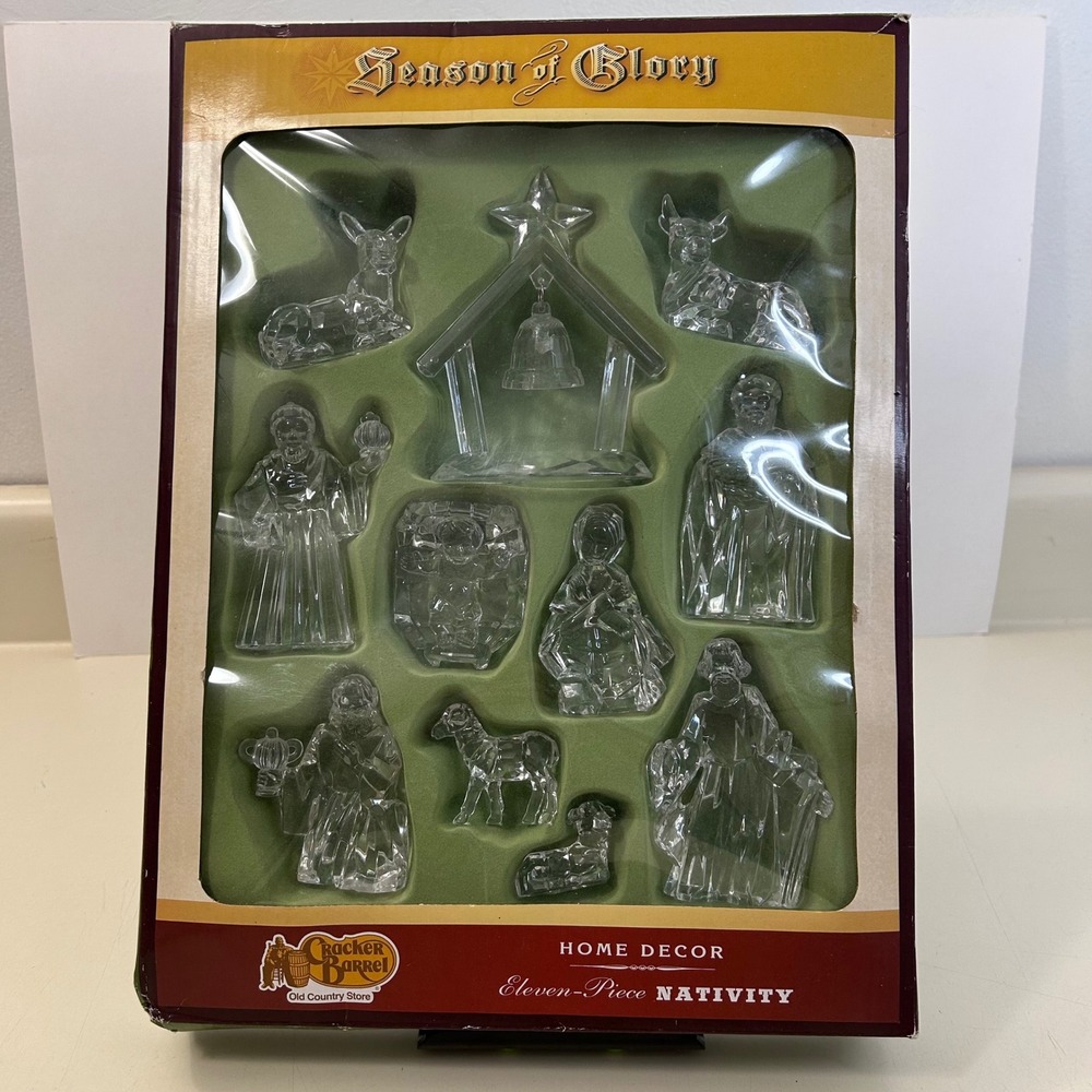 Cracker Barrel Eleven Piece Nativity Set‎ Clear Glass Home Decor Seasonal Glory